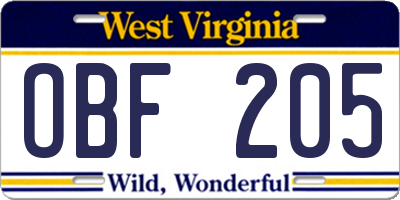 WV license plate OBF205