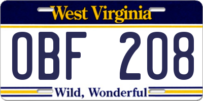 WV license plate OBF208