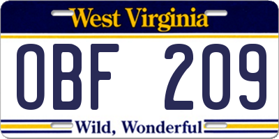 WV license plate OBF209