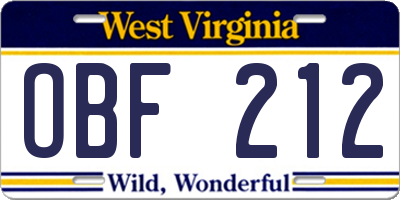 WV license plate OBF212