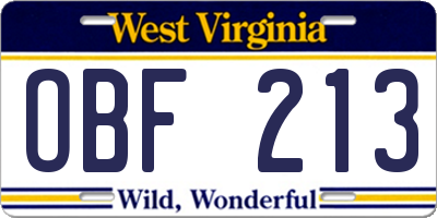 WV license plate OBF213