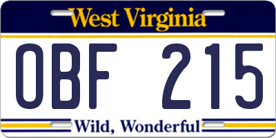 WV license plate OBF215
