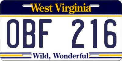 WV license plate OBF216