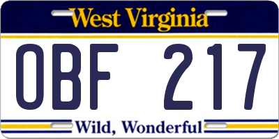 WV license plate OBF217