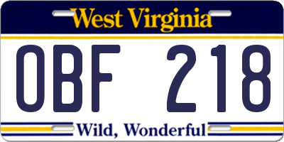 WV license plate OBF218