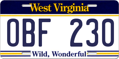 WV license plate OBF230