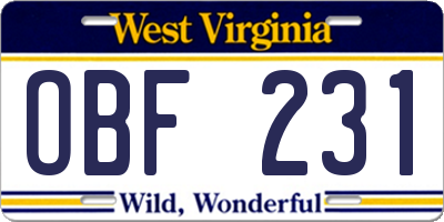 WV license plate OBF231