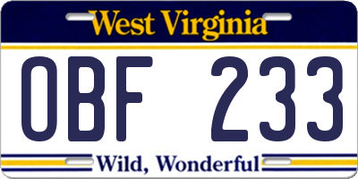 WV license plate OBF233