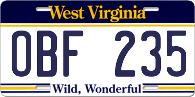 WV license plate OBF235