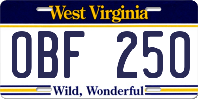 WV license plate OBF250