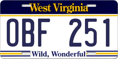 WV license plate OBF251
