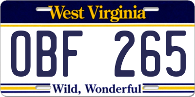 WV license plate OBF265