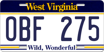 WV license plate OBF275