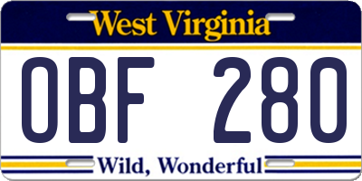 WV license plate OBF280