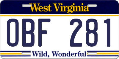 WV license plate OBF281