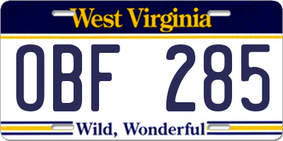 WV license plate OBF285