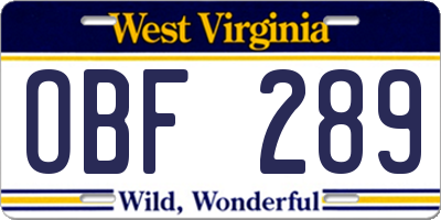 WV license plate OBF289
