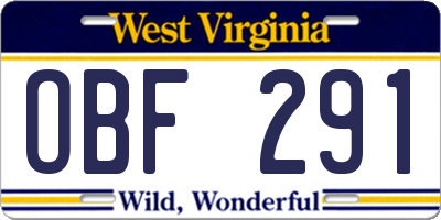 WV license plate OBF291