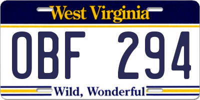 WV license plate OBF294