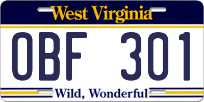 WV license plate OBF301