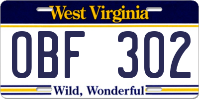 WV license plate OBF302