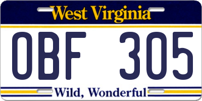 WV license plate OBF305