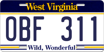 WV license plate OBF311