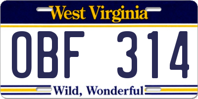 WV license plate OBF314