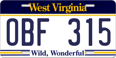 WV license plate OBF315