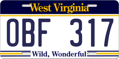 WV license plate OBF317