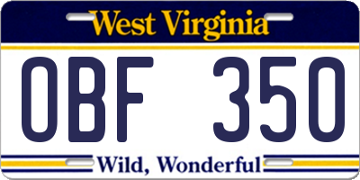 WV license plate OBF350