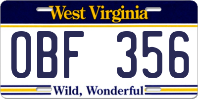 WV license plate OBF356