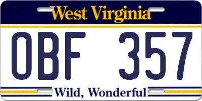 WV license plate OBF357