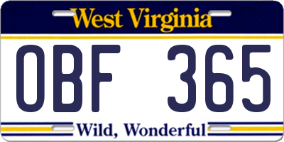 WV license plate OBF365