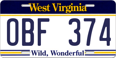 WV license plate OBF374