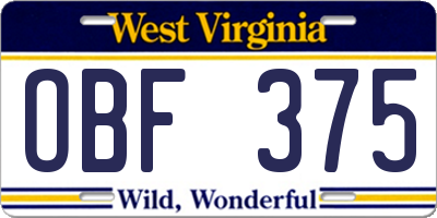 WV license plate OBF375