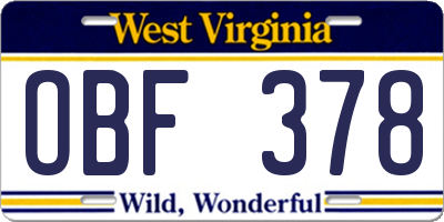 WV license plate OBF378
