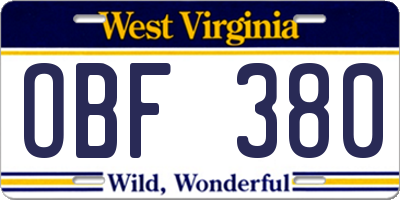 WV license plate OBF380