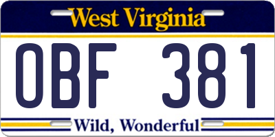 WV license plate OBF381