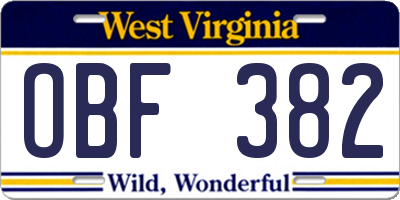 WV license plate OBF382