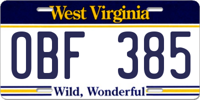 WV license plate OBF385