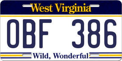 WV license plate OBF386