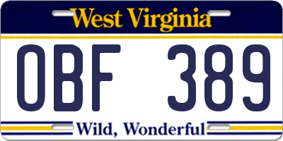 WV license plate OBF389