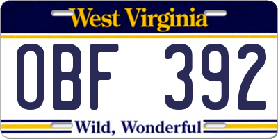 WV license plate OBF392
