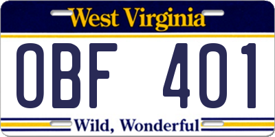 WV license plate OBF401