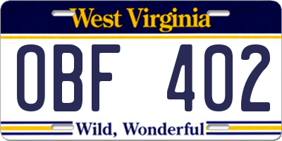 WV license plate OBF402