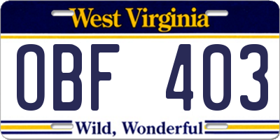 WV license plate OBF403