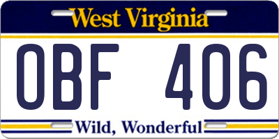 WV license plate OBF406