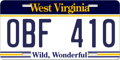 WV license plate OBF410