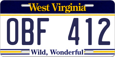 WV license plate OBF412